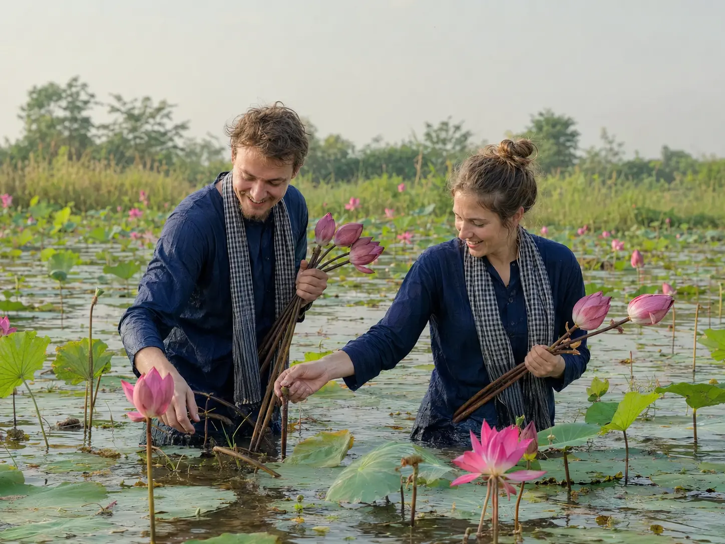Two young European guests picking pink lotus flowers by hand in the pond at Việt Mekong Farmstay
