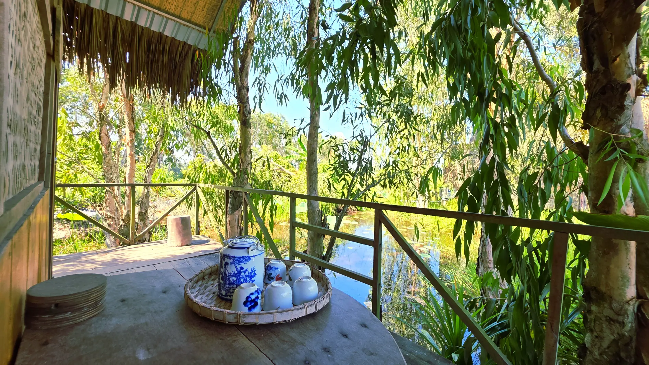Tea set on the Family Bungalow veranda overlooking wetland vegetation
